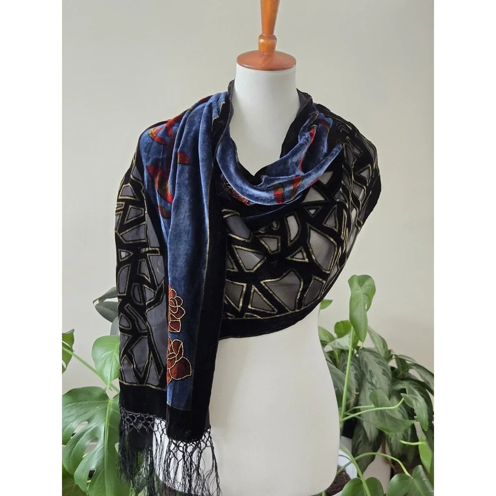 VTG 100% Silk Burnout Velvet Piano Scarf Shawl Art Deco Stain Glass‎ Whimsigoth